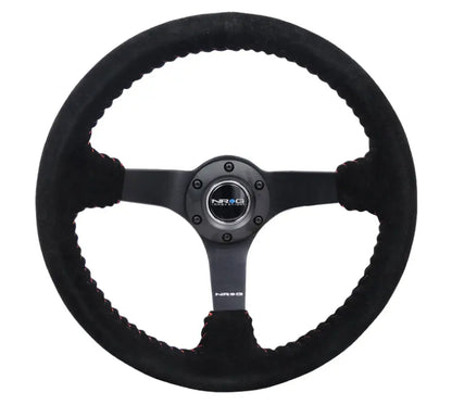 NRG Reinforced Steering Wheel (350mm / 3in. Deep) Blk Suede/Red BBall Stitch w/5mm Matte Blk Spokes - RST-036MB-S-RD