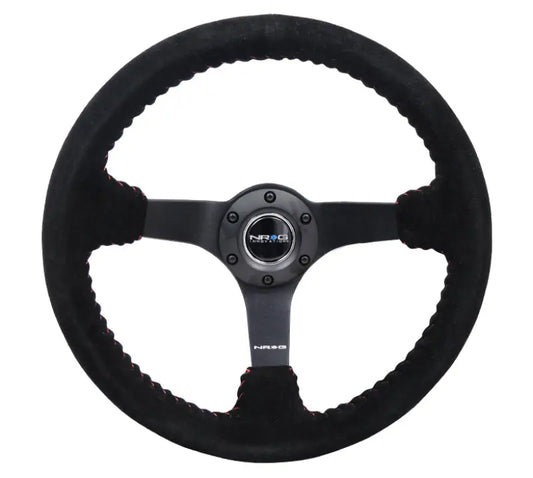 NRG Reinforced Steering Wheel (350mm / 3in. Deep) Blk Suede/Red BBall Stitch w/5mm Matte Blk Spokes - RST-036MB-S-RD NRG