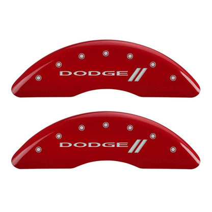 MGP 4 Caliper Covers Engraved Front & Rear With stripes/Dodge Red finish silver ch MGP