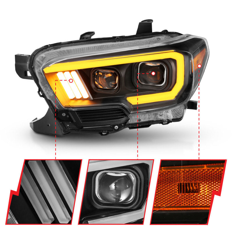 ANZO 2016-2017 Toyota Tacoma Projector Headlights w/ Plank Style Switchback Black w/ Amber w/ DRL - eliteracefab.com