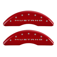 Load image into Gallery viewer, MGP 4 Caliper Covers Engraved Front 2015/Mustang Engraved Rear 2015/50 Red finish silver ch - eliteracefab.com