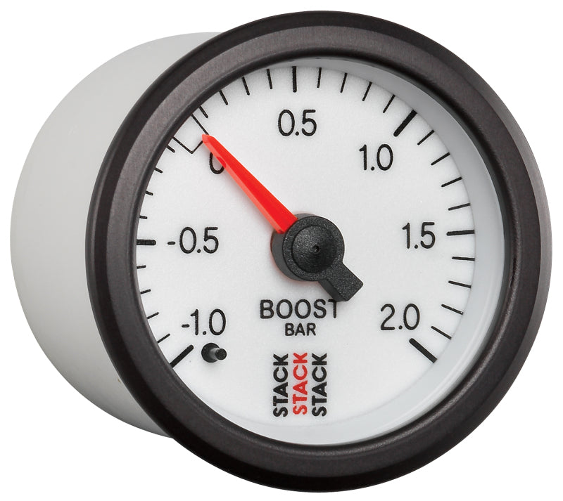 Autometer Stack 52mm -1 to +2 Bar T-Fitting 0.187in Barb (M) Mechanical Boost Pressure Gauge - White ST3161