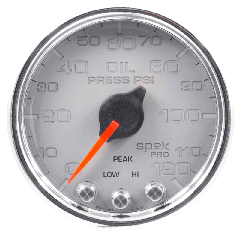 Autometer Spek-Pro Gauge Oil Press 2 1/16in 120psi Stepper Motor W/Peak & Warn Slvr/Chrm