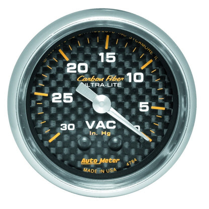 Autometer 2-1/16in Vacuum Gauge Carbon Fiber Mechanical 30Hg 4784