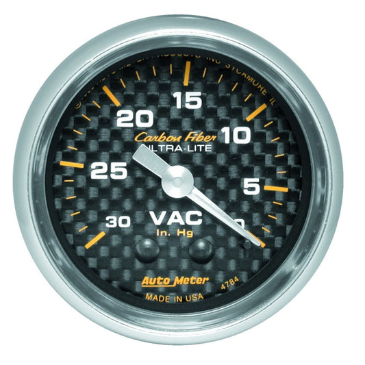 Autometer 2-1/16in Vacuum Gauge Carbon Fiber Mechanical 30Hg 4784
