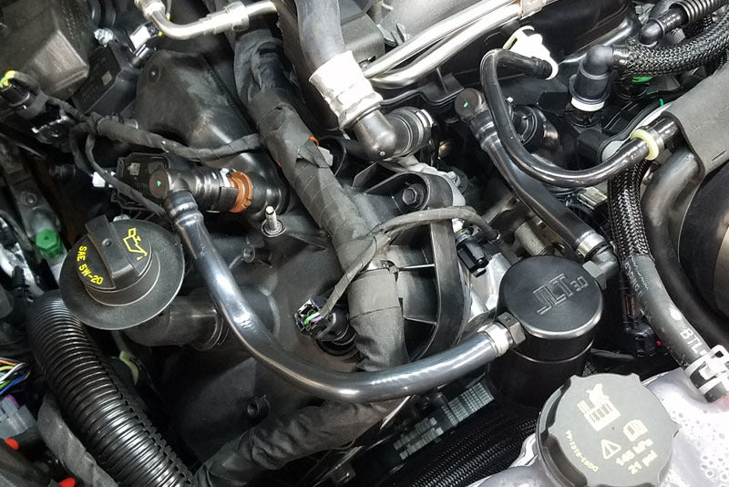 J&L 18-19 Ford Mustang GT Passenger Side Oil Separator 3.0 - Black Anodized - eliteracefab.com