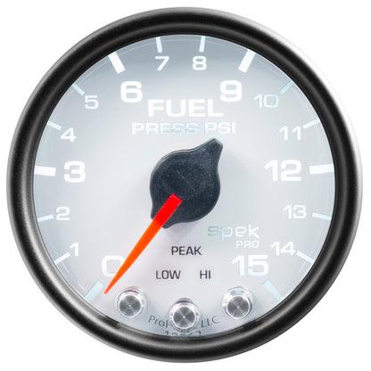 Autometer Spek-Pro Gauge Fuel Press 2 1/16in 15psi Stepper Motor W/Peak & Warn Wht/Blk P31512