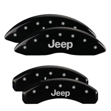 Load image into Gallery viewer, MGP 4 Caliper Covers Engraved Front &amp; Rear 11-18 Jeep Grand Cherokee Black Finish Silver Jeep Logo - eliteracefab.com