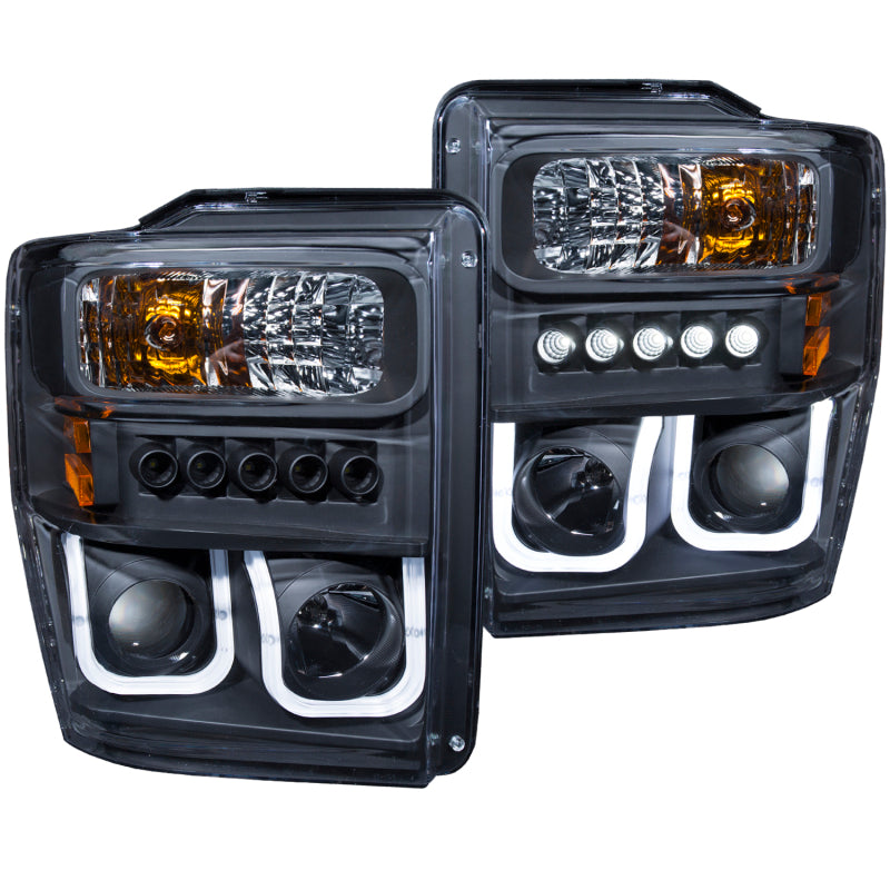 ANZO USA Ford F-250 / F-350 / F-450 Super Duty Projector Headlights W/ U-Bar Black; 2008-2010 - eliteracefab.com