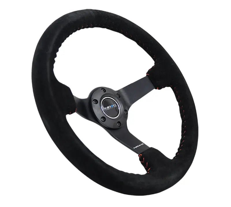 NRG Reinforced Steering Wheel (350mm / 3in. Deep) Blk Suede/Red BBall Stitch w/5mm Matte Blk Spokes - RST-036MB-S-RD