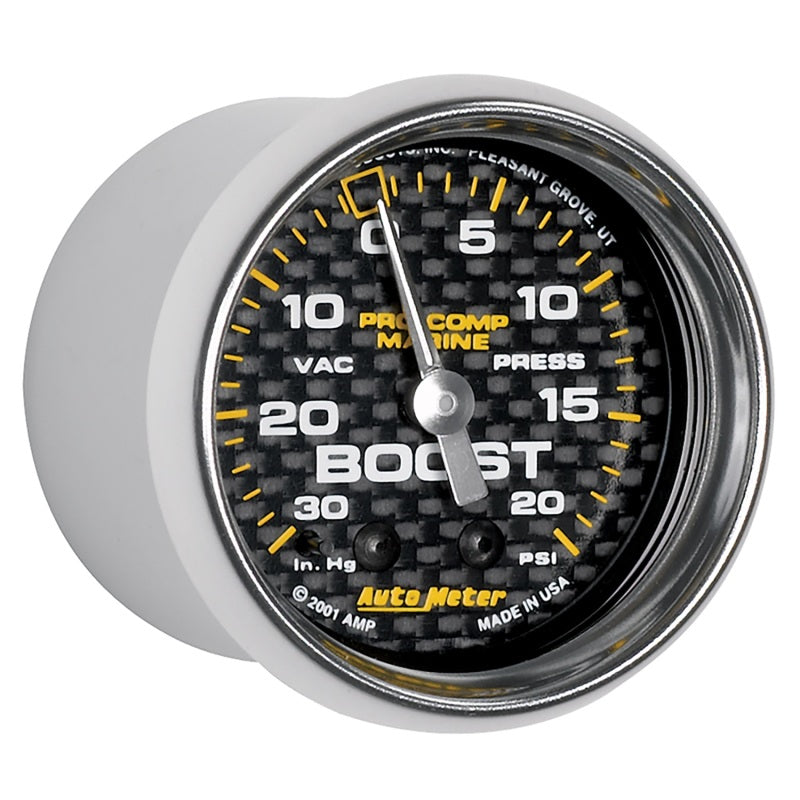 Autometer Marine Carbon Fiber 2-1/16in 30INHG/20PSI Mechanical Vacuum/Boost Gauge 200774-40