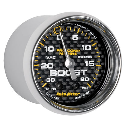 Autometer Marine Carbon Fiber 2-1/16in 30INHG/20PSI Mechanical Vacuum/Boost Gauge 200774-40