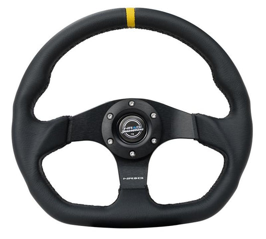 NRG Innovations 320mm Flat-Bottom Reinforced Steering Wheel - Leather - Yellow Center Mark – RST-024D-MB-R-Y
