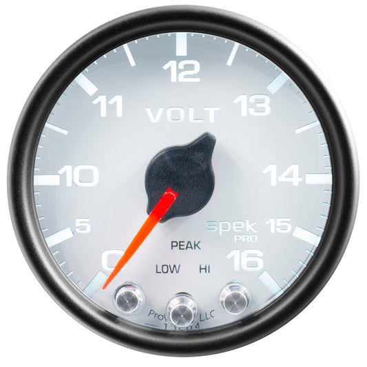Autometer Spek-Pro Gauge Voltmeter 2 1/16in 16V Stepper Motor W/Peak & Warn Wht/Blk P34412