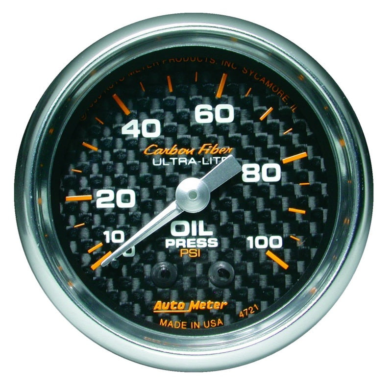 Autometer Carbon Fiber 52mm 100 PSI Mechanical Oil Pressure Gauge.