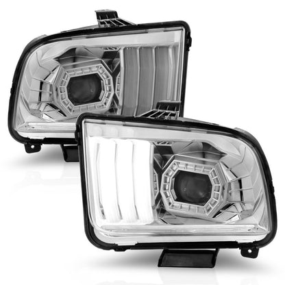 ANZO 05-09 Ford Mustang (w/Factory Halogen HL Only) Projector Headlights w/Light Bar Chrome Housing ANZO