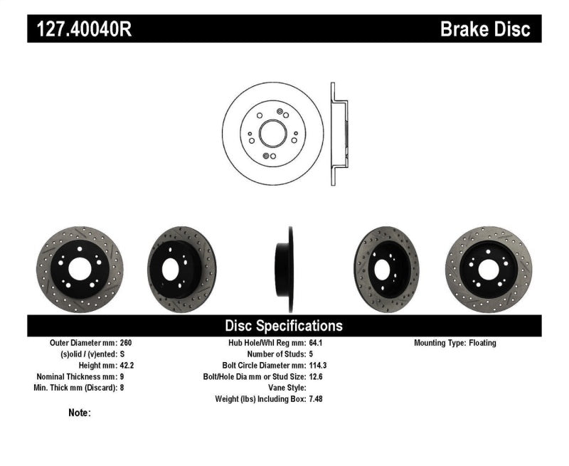 StopTech 06-09 Honda Civic Ex/Si Slotted & Drilled Right Rear Rotor - eliteracefab.com