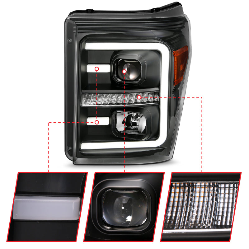 ANZO 2011-2016 Ford F250 Projector Headlights w/ Plank Style Switchback Black w/ Amber - eliteracefab.com