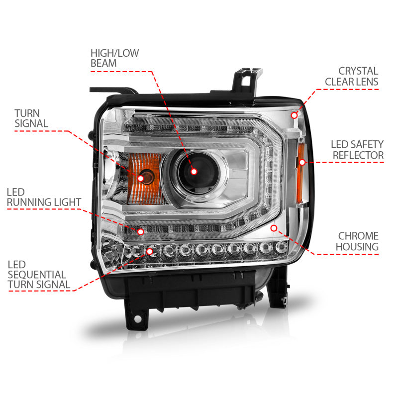 ANZO 2014-2015 Gmc Sierra 1500 Projector Headlights w/ Light Bar Chrome Housing (Halogen Type) - eliteracefab.com