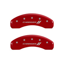 Load image into Gallery viewer, MGP 4 Caliper Covers Engraved Front &amp; Rear With stripes/Charger Red finish silver ch MGP