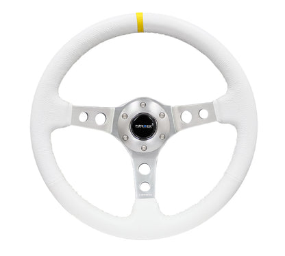 NRG Reinforced Steering Wheel (350mm / 3in. Deep) Wht Leather w/Silver Spoke & Single Yellow Mark - RST-006WT-Y