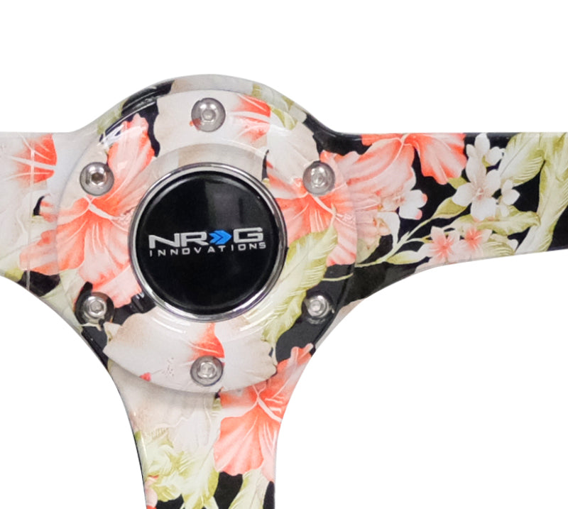 NRG Reinforced Sport Steering Wheel 350mm 3 Inch Deep Hydro Dipped Tropical Floral 5mm spoke Black Suede Black Baseball Stitching - eliteracefab.com