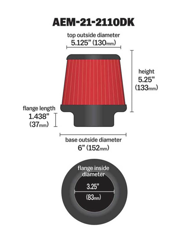 AEM 3.25 inch DRY Flow Short Neck 5 inch Element Filter Replacement - eliteracefab.com