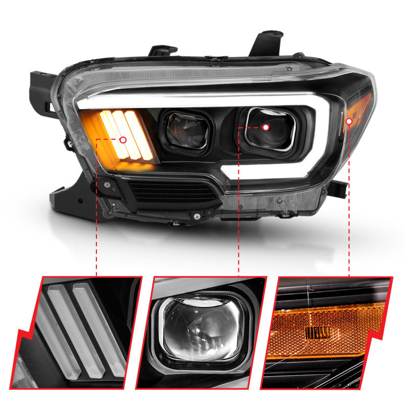 ANZO USA Toyota Tacoma Projector Headlights w/ Plank Style Design Black / Amber w/ DRL; 2016-2018 - eliteracefab.com