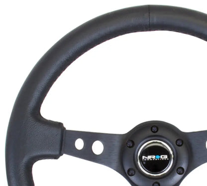 NRG Reinforced Sport Steering Wheel 350mm 3 Inch Deep Black Spoke Round holes Black Leather - eliteracefab.com