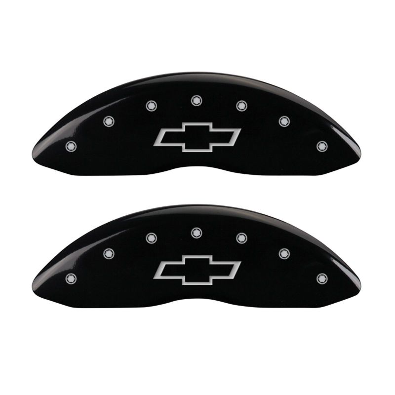 MGP 4 Caliper Covers Engraved Front & Rear Bowtie Black finish silver ch - eliteracefab.com