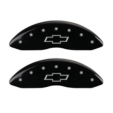 Load image into Gallery viewer, MGP 4 Caliper Covers Engraved Front &amp; Rear Bowtie Black finish silver ch - eliteracefab.com