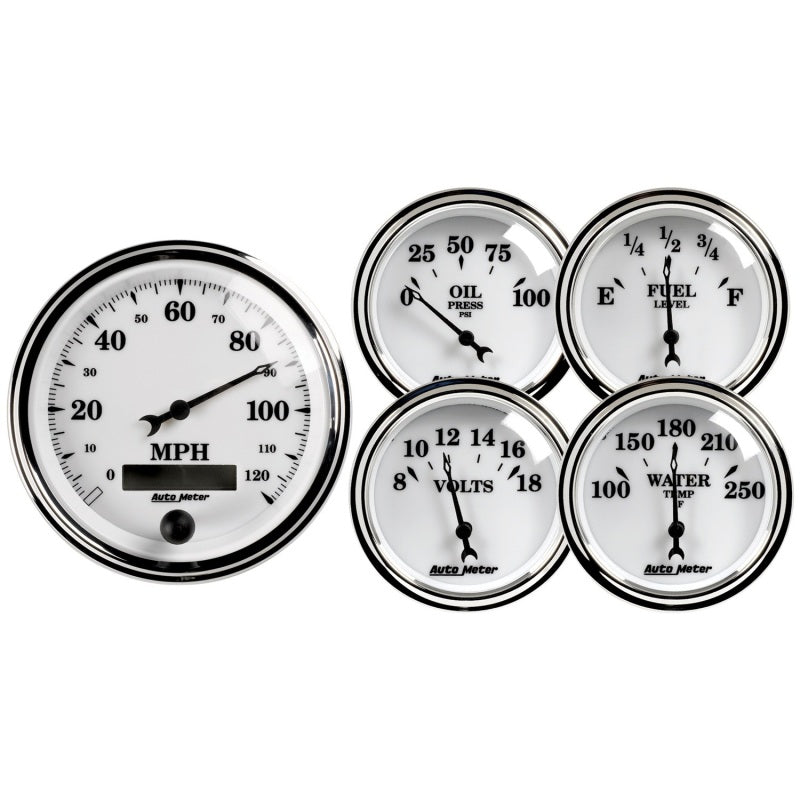 Autometer Old Tyme White II 5 Piece Kit (Elec Speed/Oil Press/Water Temp/Volt/Fuel Level) 1200