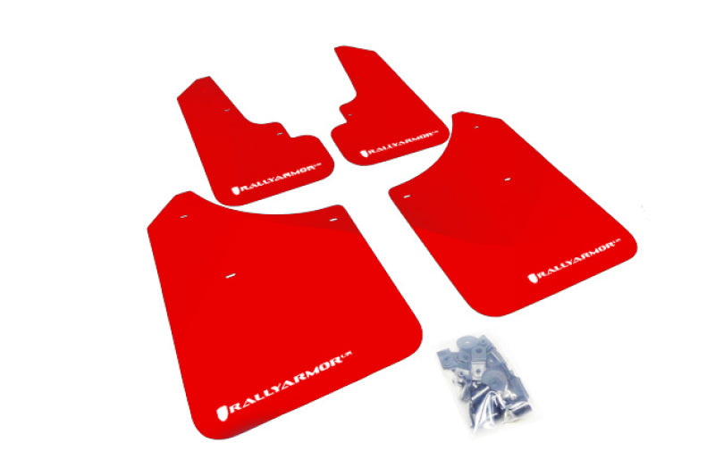 Rally Armor UR Mudflaps Red Urethane White Logo 2003-2008 Forester / 2004-2008 FXT - eliteracefab.com