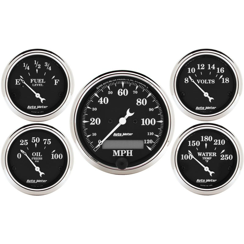 AutoMeter Gauge Kit 5 Pc. 3-1/8in. & 2-1/16in. Elec. Speedometer Old Tyme Black 1709