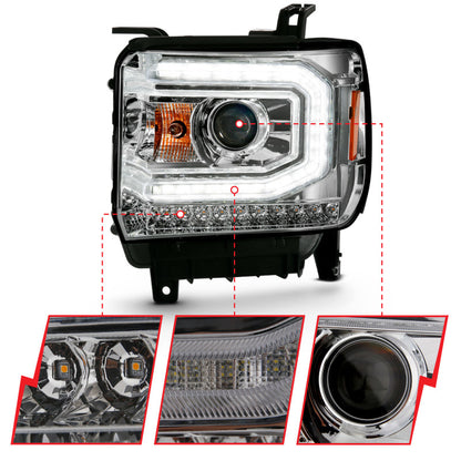 ANZO 2016-2019 Gmc Sierra 1500 Projector Headlight Plank Style Chrome w/ Sequential Amber Signal - eliteracefab.com