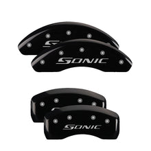 Load image into Gallery viewer, MGP 4 Caliper Covers Engraved Front &amp; Rear Sonic Black finish silver ch MGP