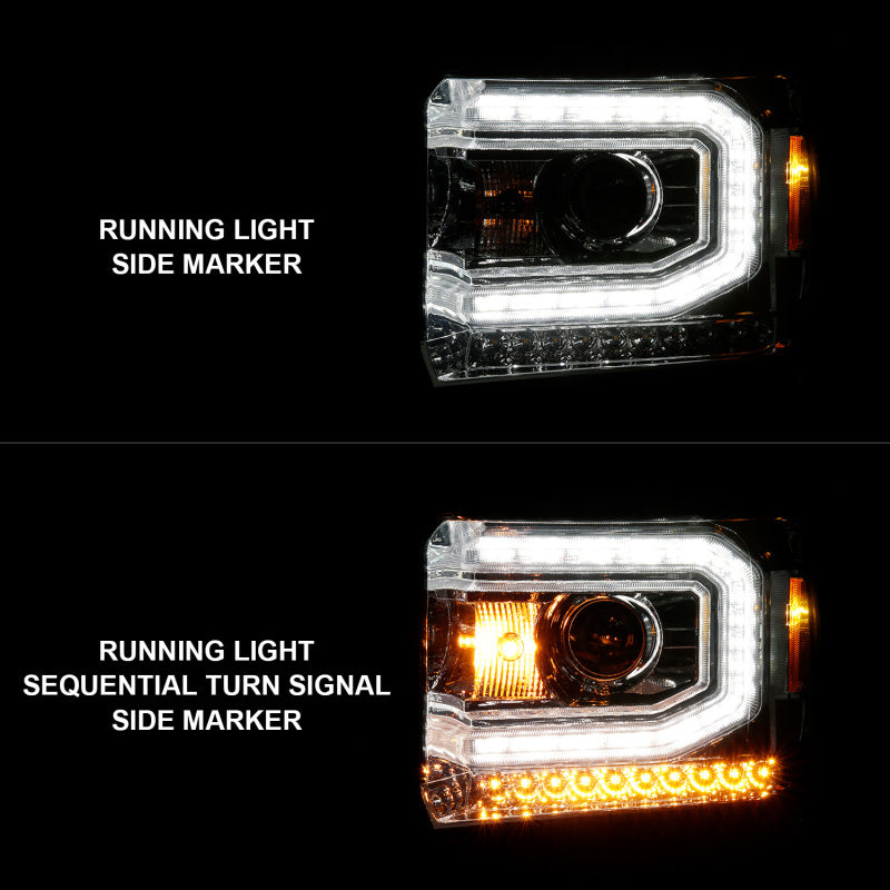 ANZO 2014-2015 Gmc Sierra 1500 Projector Headlights w/ Light Bar Chrome Housing (Halogen Type) - eliteracefab.com