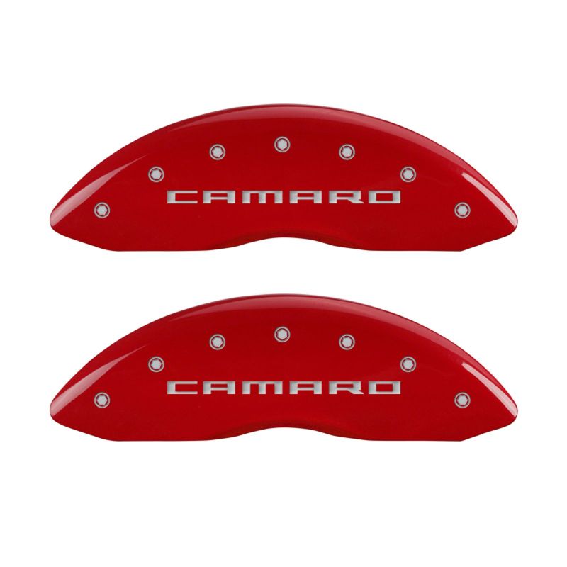 MGP 4 Caliper Covers Engraved Front Gen 5/Camaro Engraved Rear Gen 5/SS Red finish silver ch MGP