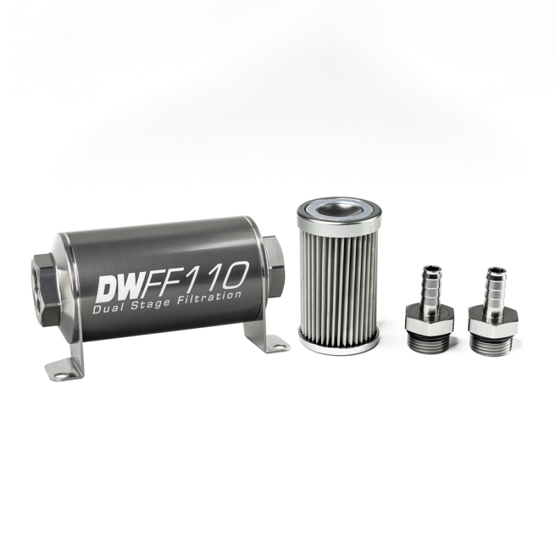 DeatschWerks Stainless Steel 3/8in 10 Micron Universal Inline Fuel Filter Housing Kit (110mm) - eliteracefab.com