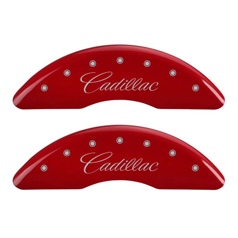 MGP 4 Caliper Covers Engraved Front & Rear Cursive/Cadillac Red Finish Silver Char 2016 Cadillac CT6 - eliteracefab.com