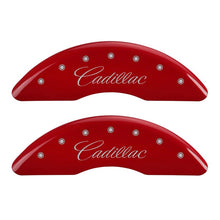 Load image into Gallery viewer, MGP 4 Caliper Covers Engraved Front &amp; Rear Cursive/Cadillac Red Finish Silver Char 2016 Cadillac CT6 - eliteracefab.com