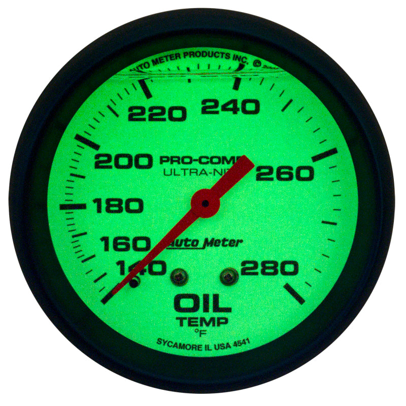 AutoMeter Gauge Oil Temp 2-5/8in. 140-280 Deg. F Liquid Filled Mech Glow In Dark Ultra-Nite 4241