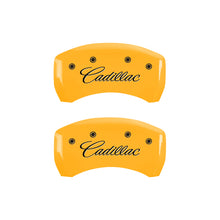 Load image into Gallery viewer, MGP 4 Caliper Covers Engraved F &amp; R Cursive/Cadillac Yellow Finish Black Char 2017 Cadillac XT5