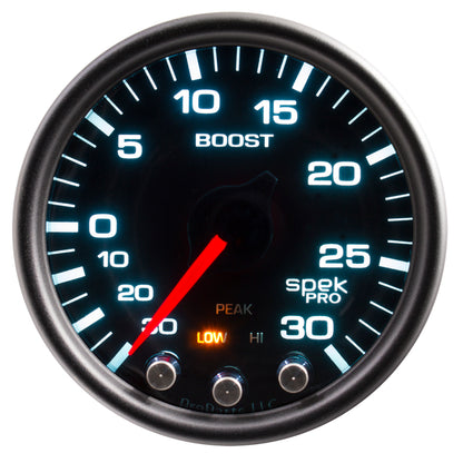 Autometer Spek-Pro Gauge Vac/Boost 2 1/16in 30Inhg-30psi Stepper Motor Peak & Warn Black/Smoke/Black - eliteracefab.com