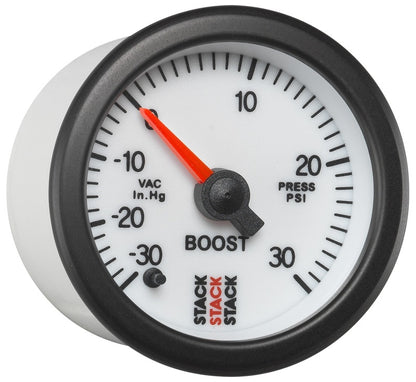 Autometer Stack 52mm -30INHG to +30 PSI (Incl T-Fitting) Pro Stepper Motor Boost Press Gauge - White ST3362
