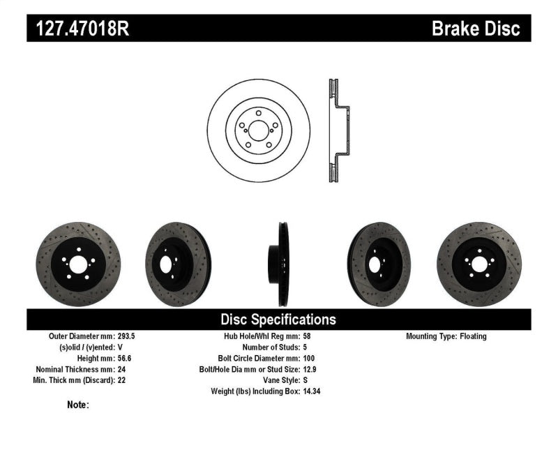 STOPTECH 02-10 SUBARU WRX SLOTTED & DRILLED RIGHT FRONT ROTOR (EXC. STI), 127.47018R - eliteracefab.com