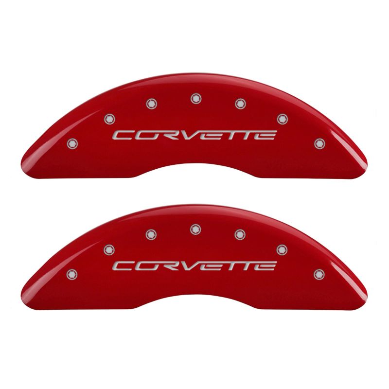 MGP 4 Caliper Covers Engraved Front C6/Corvette Engraved Rear C6/Z06 Red finish silver ch MGP