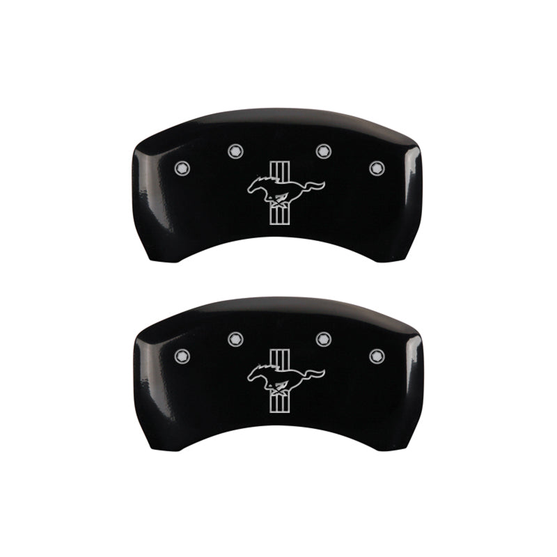 MGP 4 Caliper Covers Engraved Front Mustang Engraved Rear Bar & Pony Black finish silver ch MGP