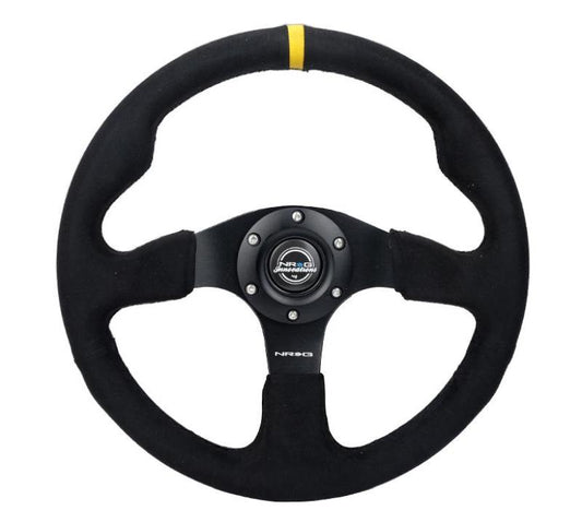 NRG Innovations 320mm Reinforced Racing Steering Wheel - Alcantara - Black Stitch - Yellow Center Mark – RST-012SA-Y
