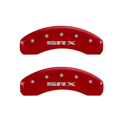 MGP 4 Caliper Covers Engraved Front Cursive/Cadillac Engraved Rear SRX Red finish silver ch MGP